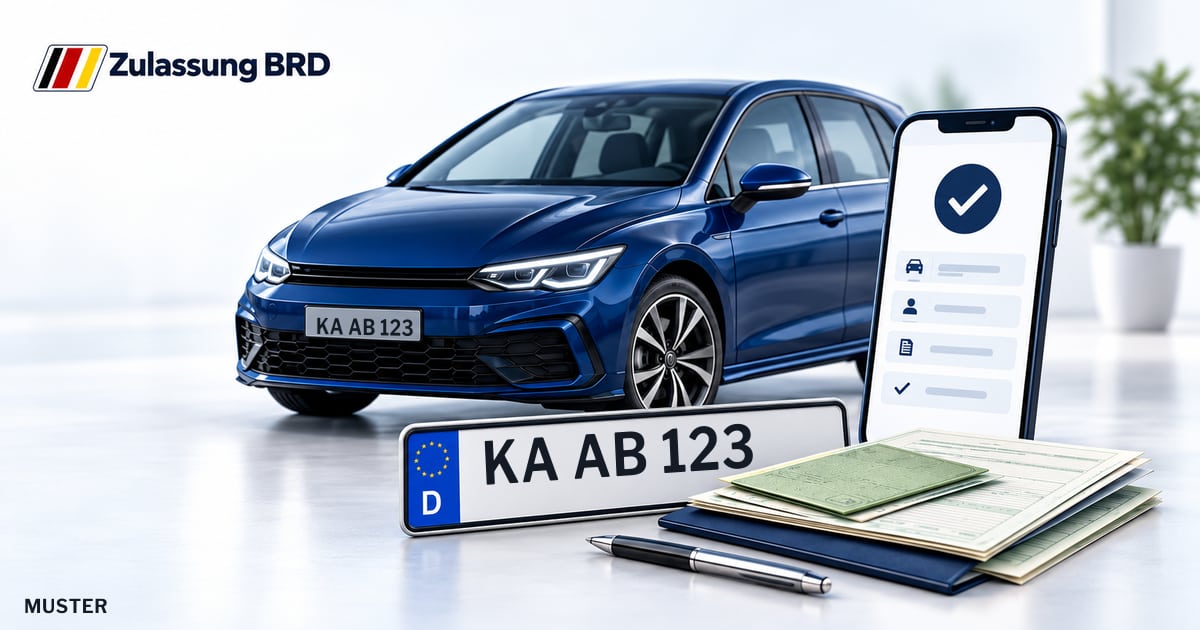 Online Fahrzeugzulassung in Bad Schönborn: Musterkennzeichen KA AB 123, Auto und Fahrzeugpapiere und Smartphone. Illustration mit Logo von Zulassung BRD.